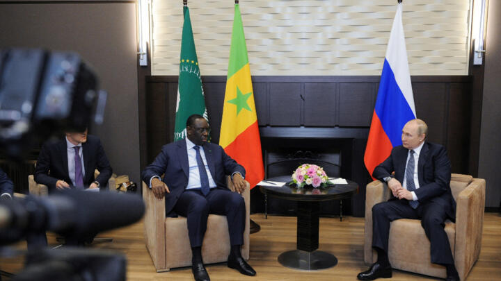 Russia's President Vladimir Putin attends a meeting with Senegal's President Macky Sall, who is currently the chairman of the African Union, at the Bocharov Ruchei state residence in Sochi, Russia, on June 3, 2022.